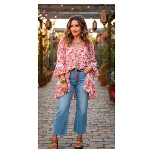 DR2 Women XL Floral Boho Tunic Top Red Pink Tiered Bell Sleeve Crochet Lace Trim